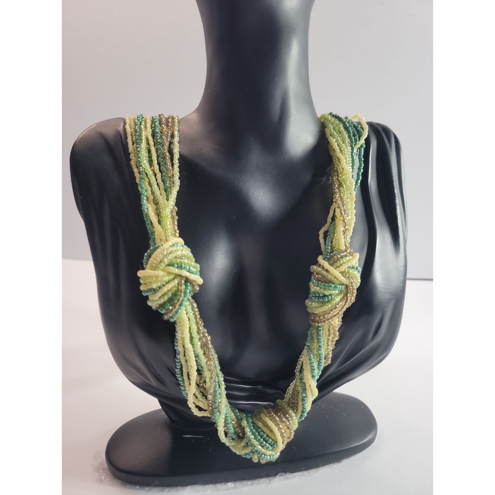 Multi Strand Seed Bead Necklace Green Cream Gold Tone Knotted Statemen